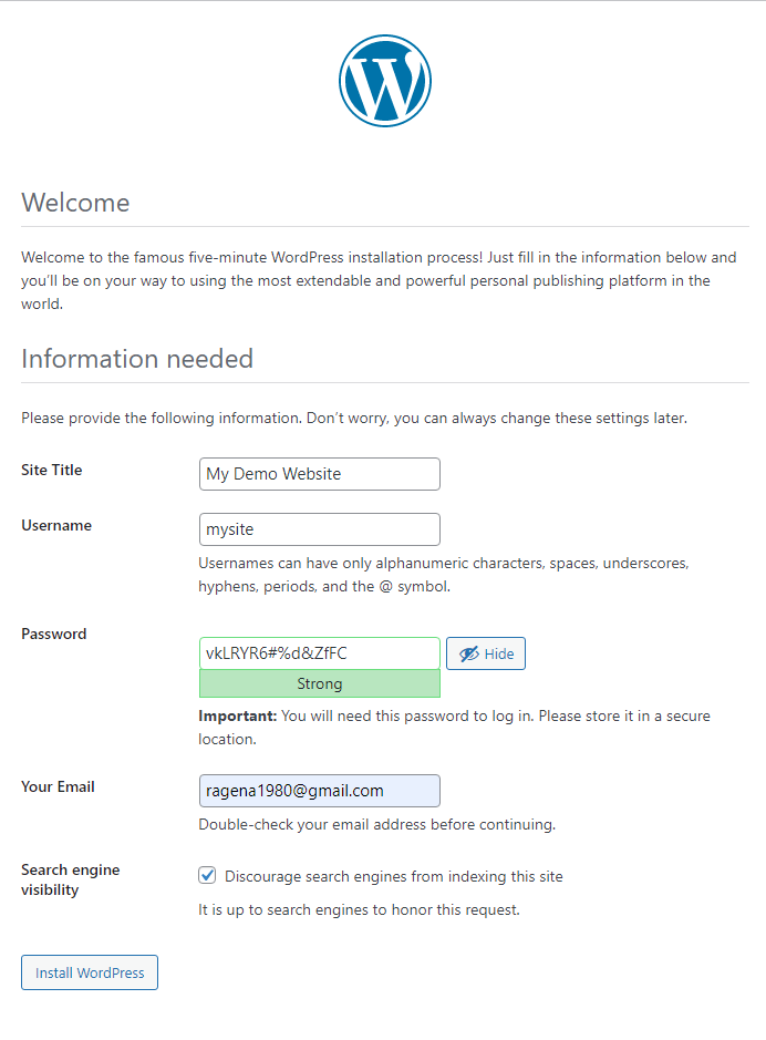 WordPress installation wizard